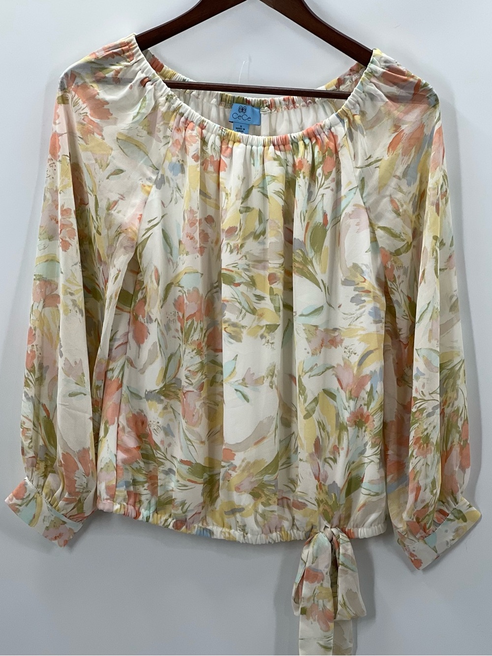376 CeCe Cream Floral Tie-Hem Peasant Blouse